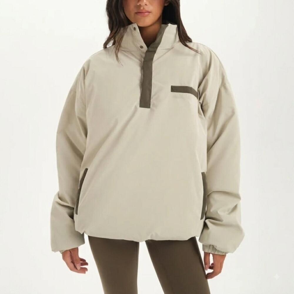 Set Active Nylon Quarter Snap Puffer Jacket Sparrow Taupe Beige Size XS
